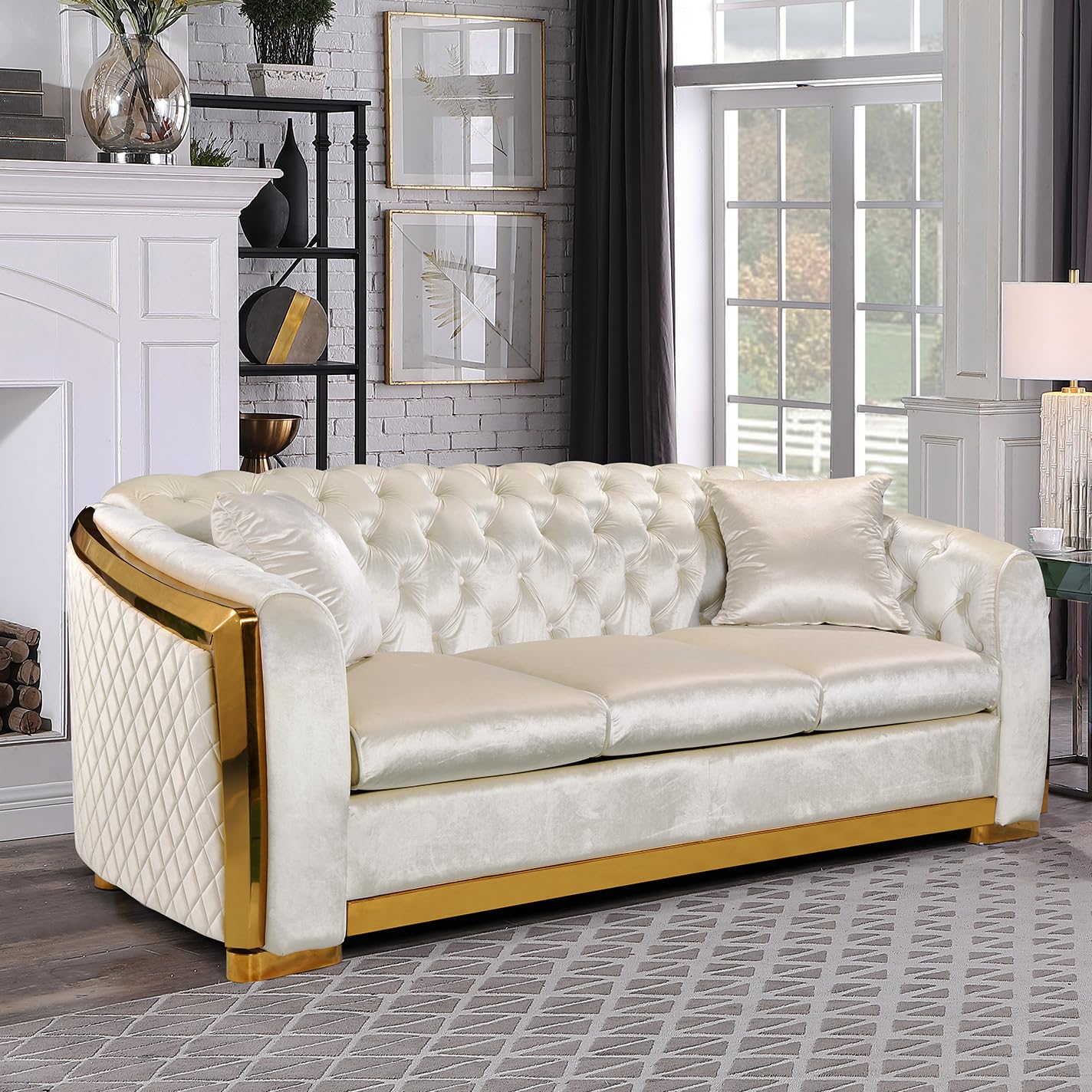 WinJoy 82.3 Inch Velvet Sofa Set for Living Room, 3 Seat Modern & Luxury Chesterfield Couch Sofa with Tufted Back&Gold Stainless Legs for Apartment, Office 2 Pillows Included Beige