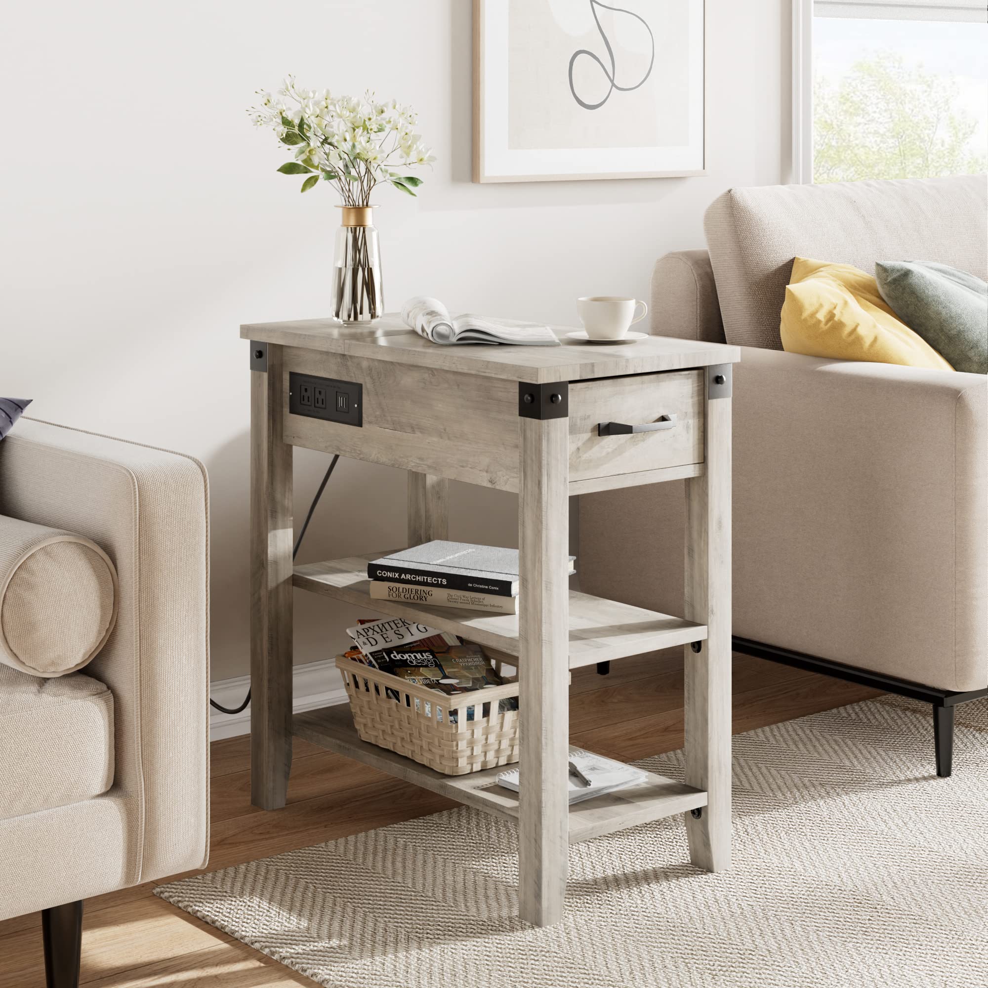 IDEALHOUSE End Table with USB Ports and Outlets, Flip Top Side Table Narrow Bedside Table with Drawer and Storage Shelves for Living Room, Rustic Grey