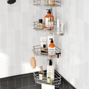 SEIRIONE Corner Shower Caddy Tension Pole, Adjustable Shower Organizer Corner with 4 Shelves, No Drilling Shower Shelf for Inside Shower, Shower Rack for Shower Storage,39.2 to 113 Inch Height, Silver