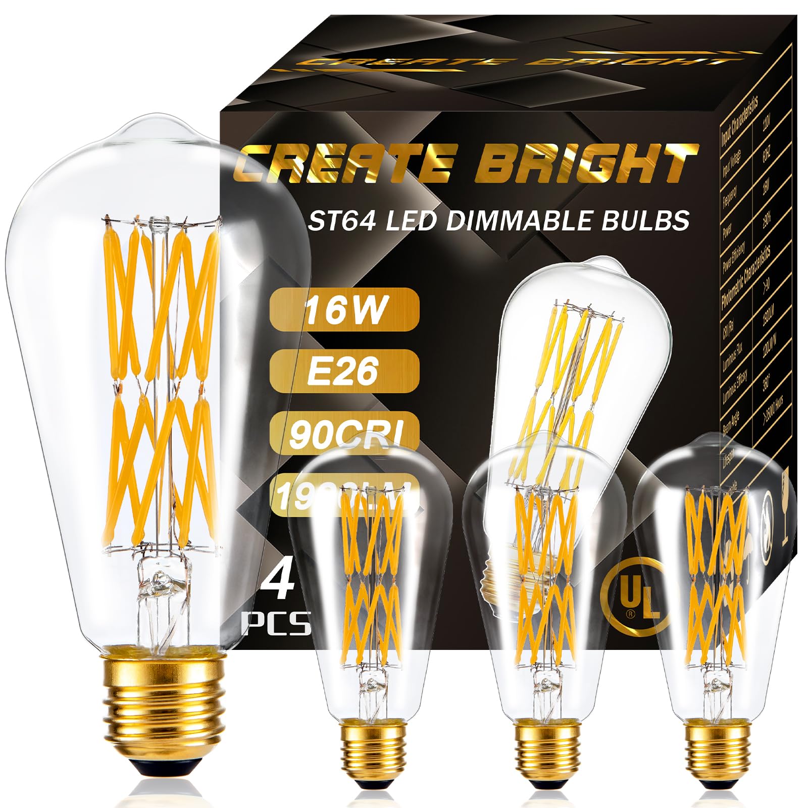 CREATE BRIGHT Vintage ST64 16W Dimmable Led Edison Bulbs 2700K Warm Light Bulbs Led Filament Light Bulbs for Chandeliers,E26 Base,4 Pack