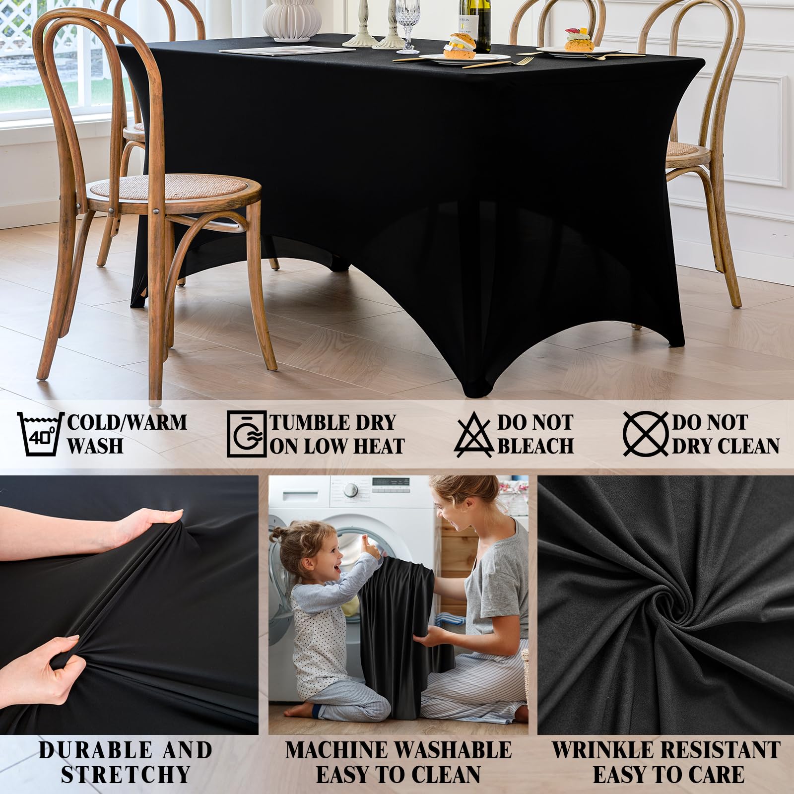 Famstar Table Cloth 2 Pack Black 6FT Spandex Tablecloth for Rectangle Table Fitted Table Cloths Stretch Covers Washable Wrinkle Free Tablecloths for Festival Camping Picnic Wedding Party Table Cover