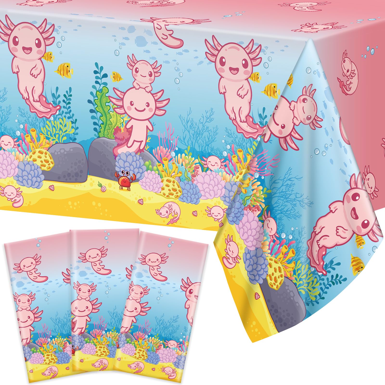 chiazllta 3Pcs Axolotl Party Birthday Decoration Pink Cartoon Axolotl Tablecloth Plastic Reptile Animal Tablecover Waterproof Rectangle Table Cover for Axolotl Baby Shower Party Supplies108 x 54in