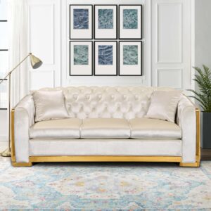 WinJoy 82.3 Inch Velvet Sofa Set for Living Room, 3 Seat Modern & Luxury Chesterfield Couch Sofa with Tufted Back&Gold Stainless Legs for Apartment, Office 2 Pillows Included Beige