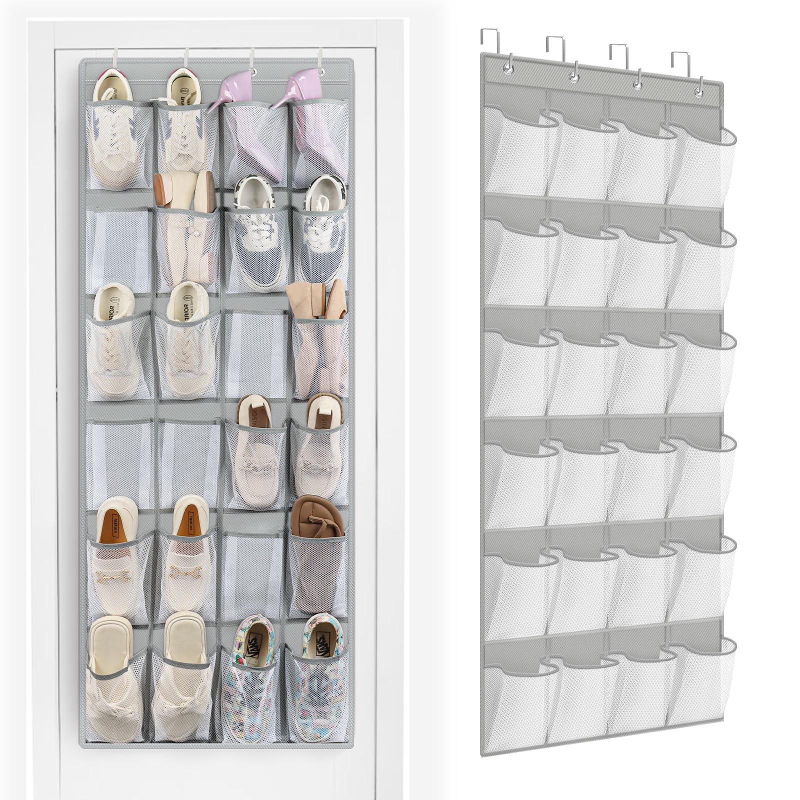 FENTEC 24 Pockets Over the Door Shoe Organizer Hanging Shoe Organizer for Closet, Space Saving Mesh Large Pocket Shoe Storage and Organizer, Shoe Holder for Apartments Garages, Grey 1 Pack