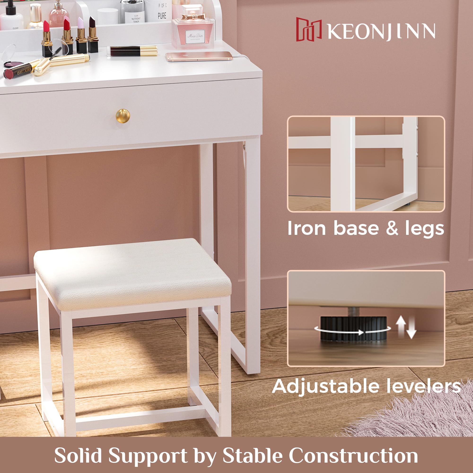 Keonjinn White Vanity Mirror with Lights, LED Makeup Vanity Desk with Large Drawer & 2 Makeup Trays & Chair, 7000 Lux Vanity Table with Lighted Mirror & Power Outlet, CRI＞90 Vanity Set for Bathroom