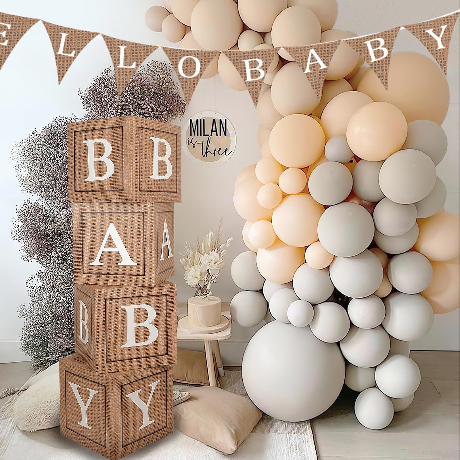 Keencopper Burlap Print Baby Boxes with Letters for Baby Shower, 4pcs Rustic Theme Boho Balloon Boxes Blocks Gender Neutral Baby Shower Decorations for Birthday Gender Reveal Backdrop