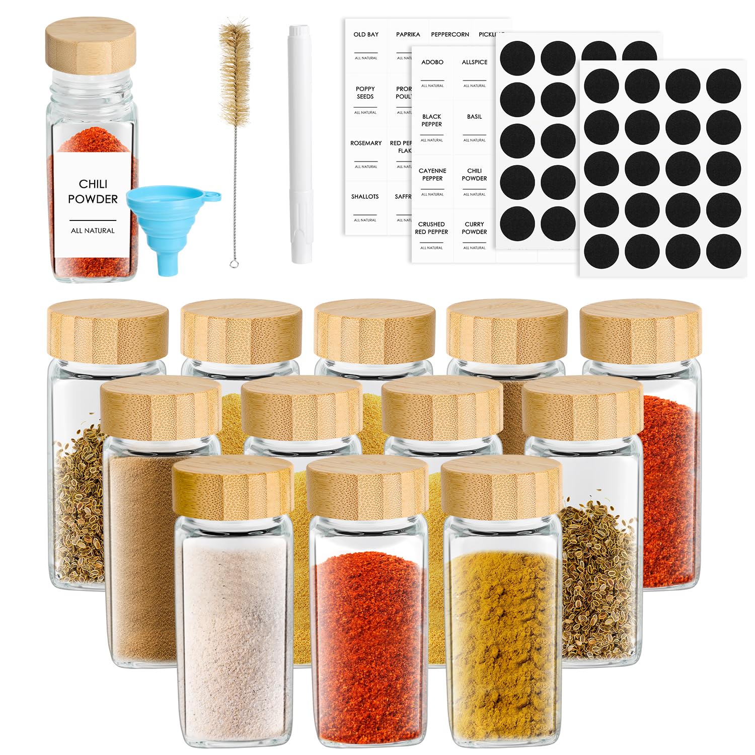 moniko 12 Pcs Glass Spice Jars with Labels, 4 oz Seasoning Containers with Bamboo Lids, Square Seasoning Storage Bottles for Kitchen, Cabinet, Spice Rack