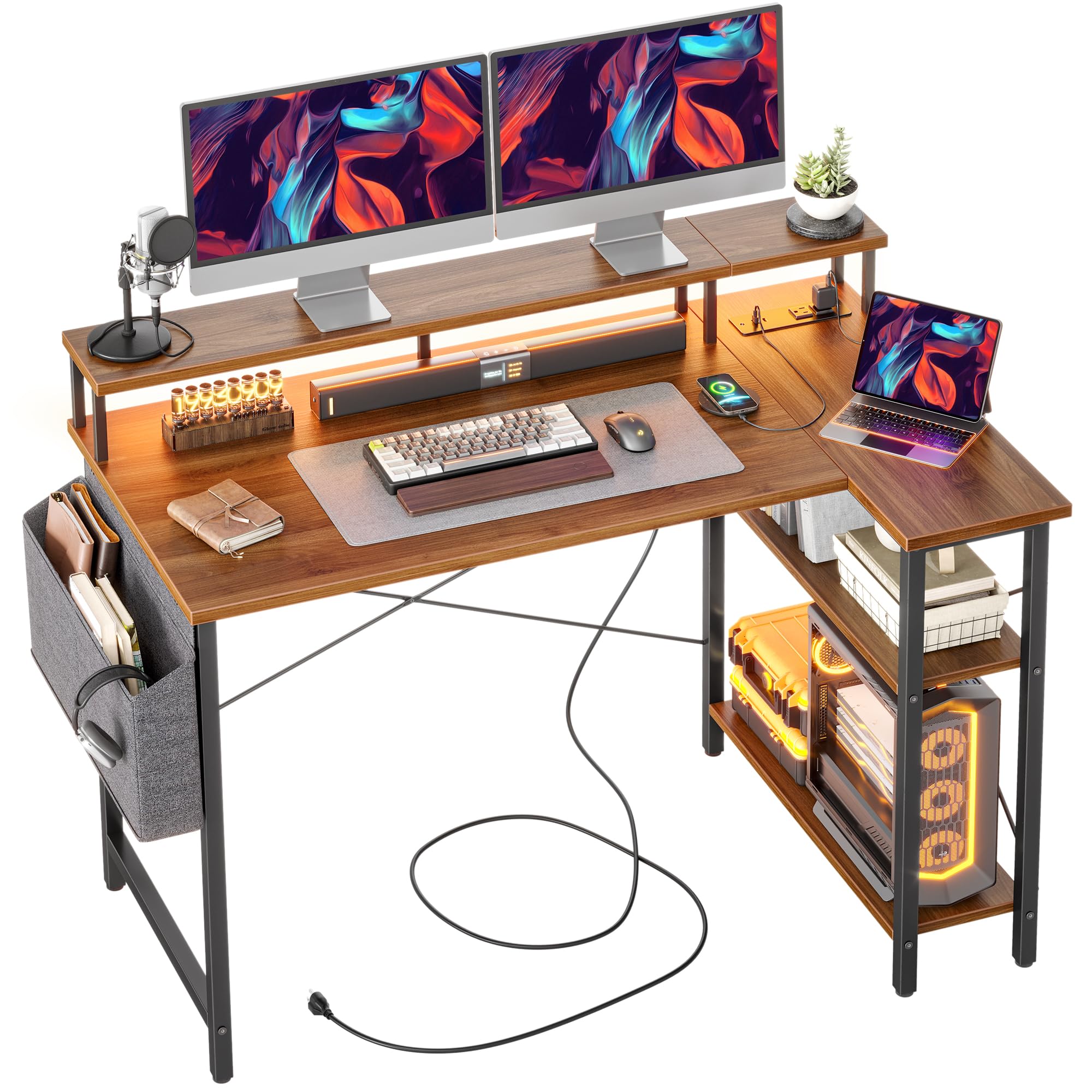 TIQLAB L Shaped Gaming Desk with Power Outlets, 47 Inch Computer Desk with LED Lights and Reversible Shelves, Corner Desk Work Desk for Home Office Bedroom, Walnut