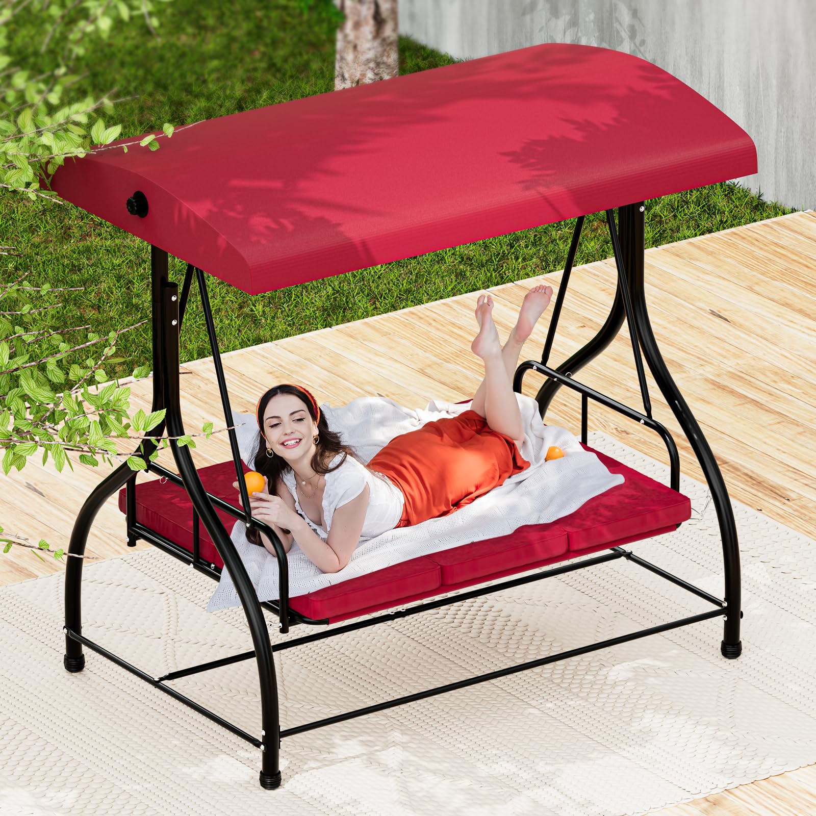 UEAKPIC 3 Person Outdoor Porch Swing with Adjustable Canopy, Patio Swings with Stand,2 in 1 Swing Bed for Adult,Thicken Cushions, Hanging Glider Porch Bench for Garden, Outside, Backyard - Burgundy