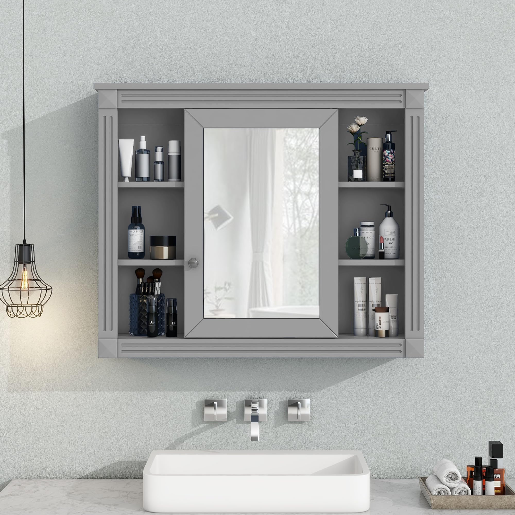 Linique 35" x 28" Wall Mounted Bathroom Storage Cabinet with Mirror,Modern Bathroom Wall Mirror Cabinet with 6 Open Shelves,Not Include Bathroom Vanity,Grey