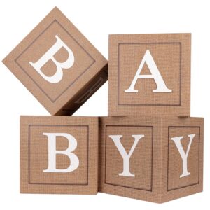 Keencopper Burlap Print Baby Boxes with Letters for Baby Shower, 4pcs Rustic Theme Boho Balloon Boxes Blocks Gender Neutral Baby Shower Decorations for Birthday Gender Reveal Backdrop