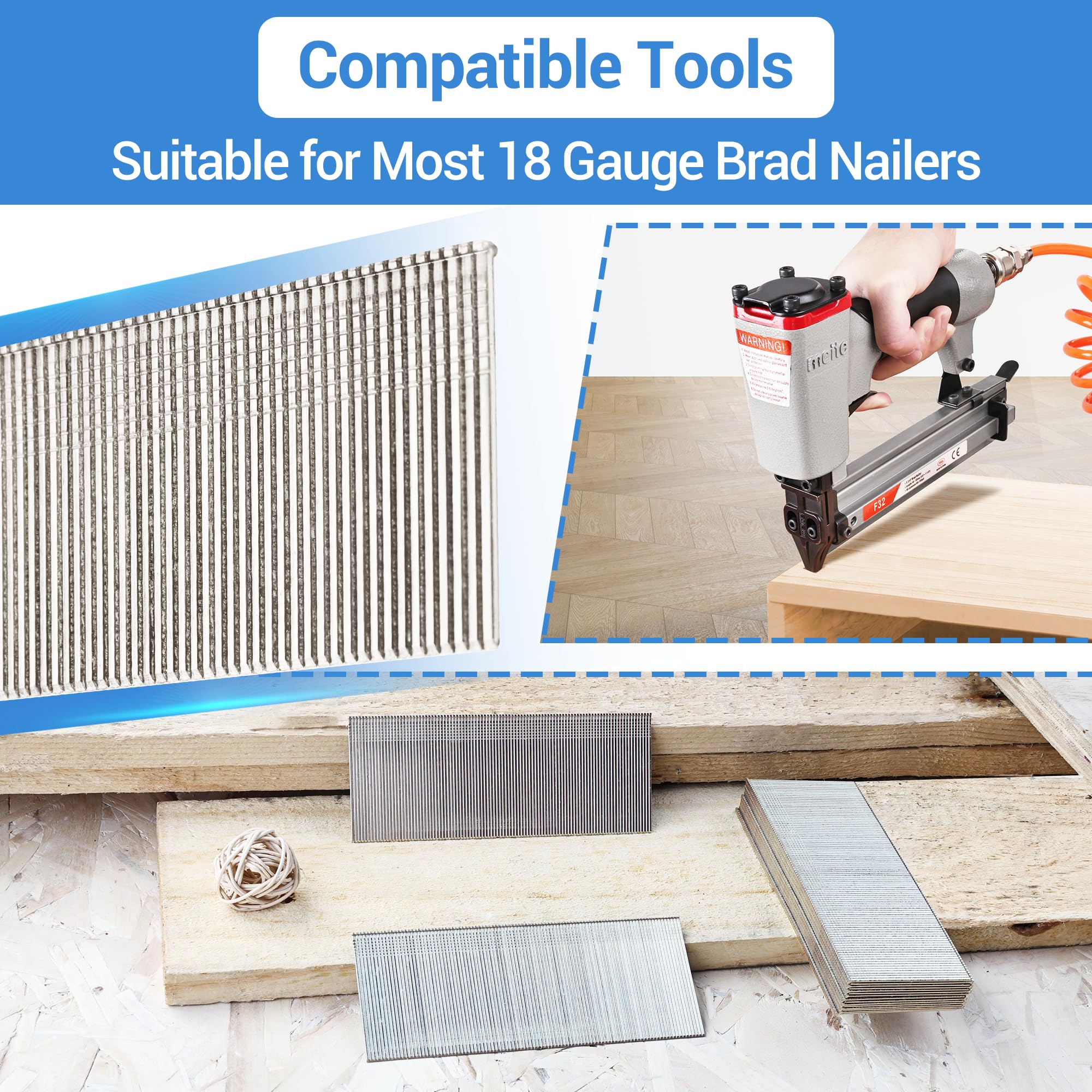 meite 18 Gauge Stainless Steel Brad Nails, 3/4 Inch 18GA Brad Nails, 304 Stainless Steel Small Finishing Nail Gun Nails for Pneumatic, Electric Brad Nailer Gun (2,000 Counts)