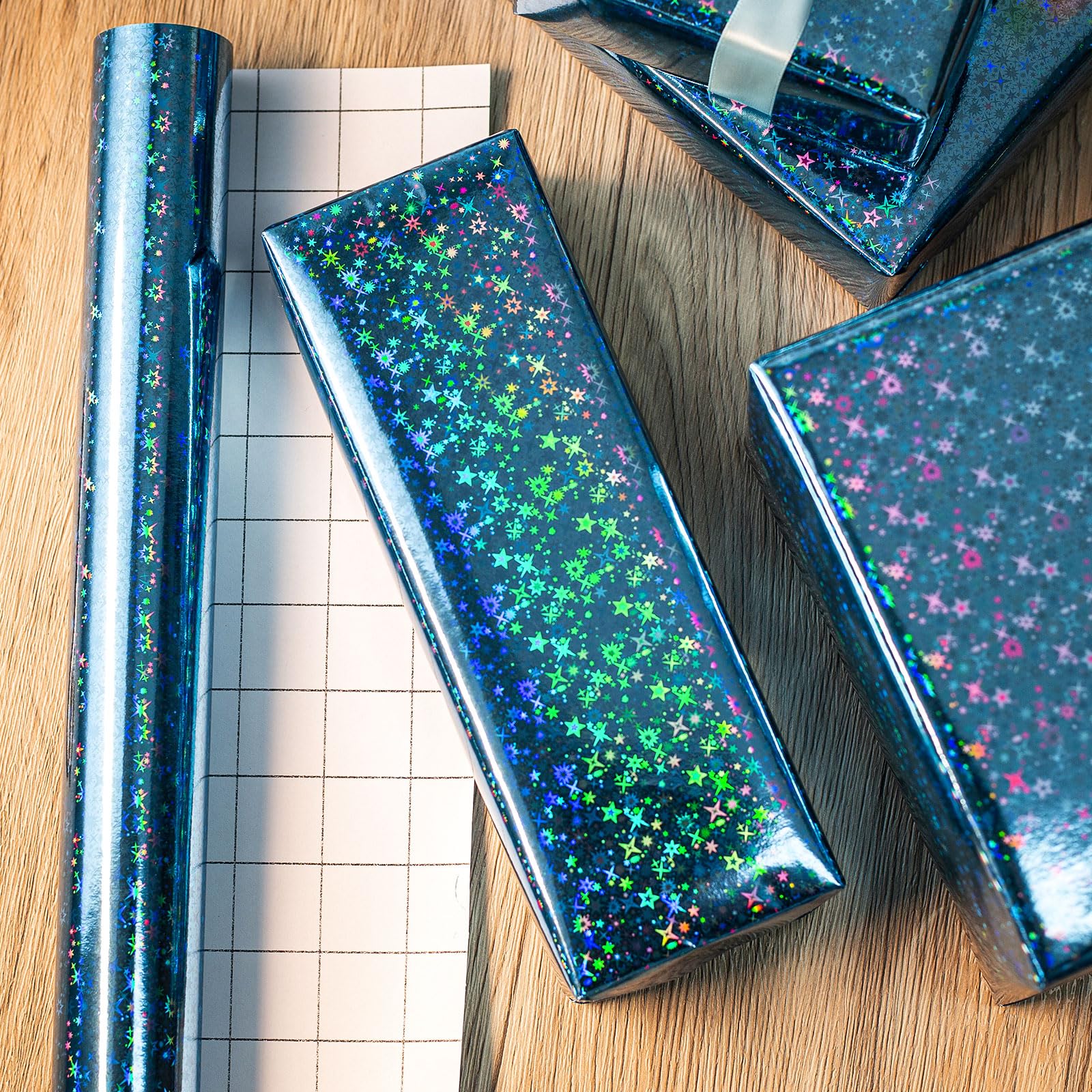 Merture 17 In X 32.8 Ft (46.5 sq.ft.) Holographic Space Wrapping Paper Roll, Blue Gift Wrap with Shining Galaxy Design for Birthday, Christmas, Father's Day, Halloween