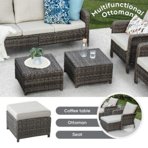 Outdoor Patio Furniture Set with 44" Gas Fire Pit Table - PE Wicker Patio Conversation Sets Cushioned Seat Couch - 7 Seats Outdoor Sectional Chair Sofa Set for Yard Garden Porch(6Pcs, Beige)