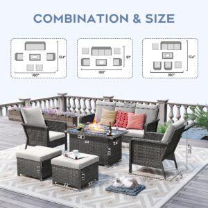 Outdoor Patio Furniture Set with 44" Gas Fire Pit Table - PE Wicker Patio Conversation Sets Cushioned Seat Couch - 7 Seats Outdoor Sectional Chair Sofa Set for Yard Garden Porch(6Pcs, Beige)