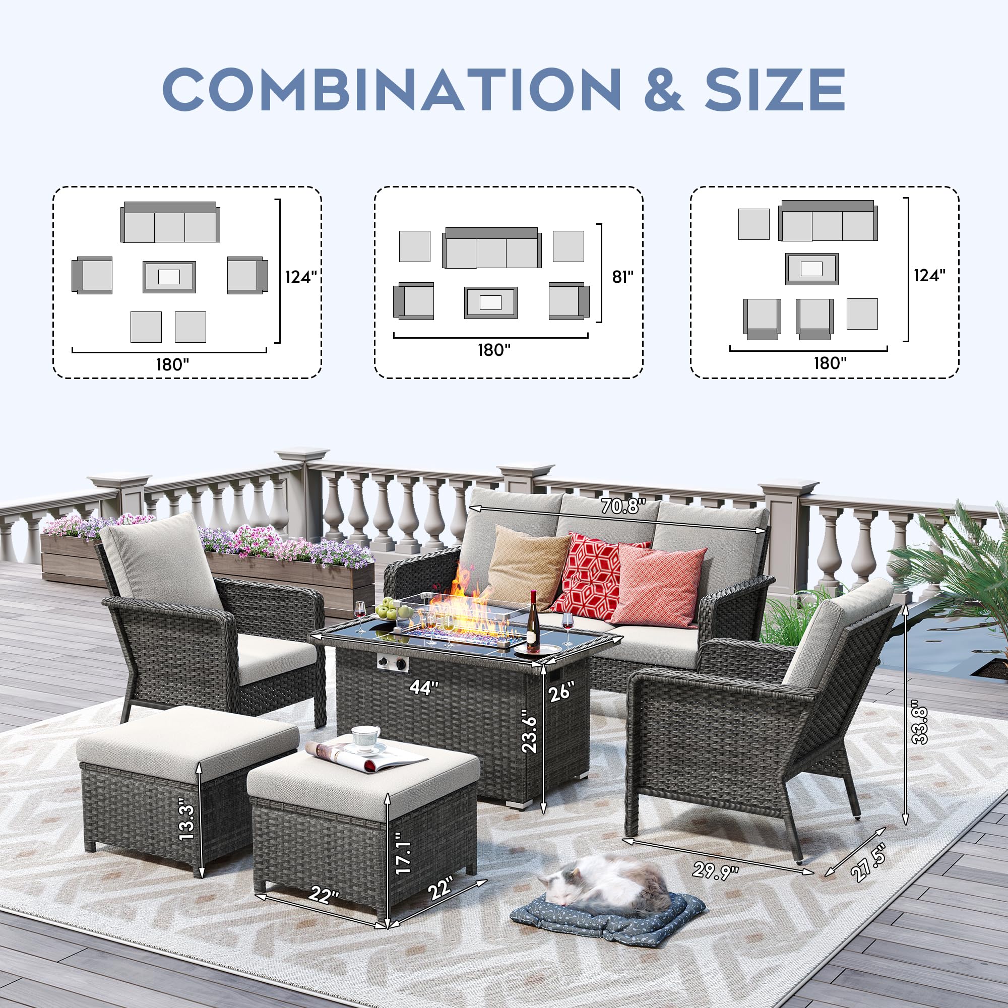 Outdoor Patio Furniture Set with 44" Gas Fire Pit Table - PE Wicker Patio Conversation Sets Cushioned Seat Couch - 7 Seats Outdoor Sectional Chair Sofa Set for Yard Garden Porch(6Pcs, Beige)