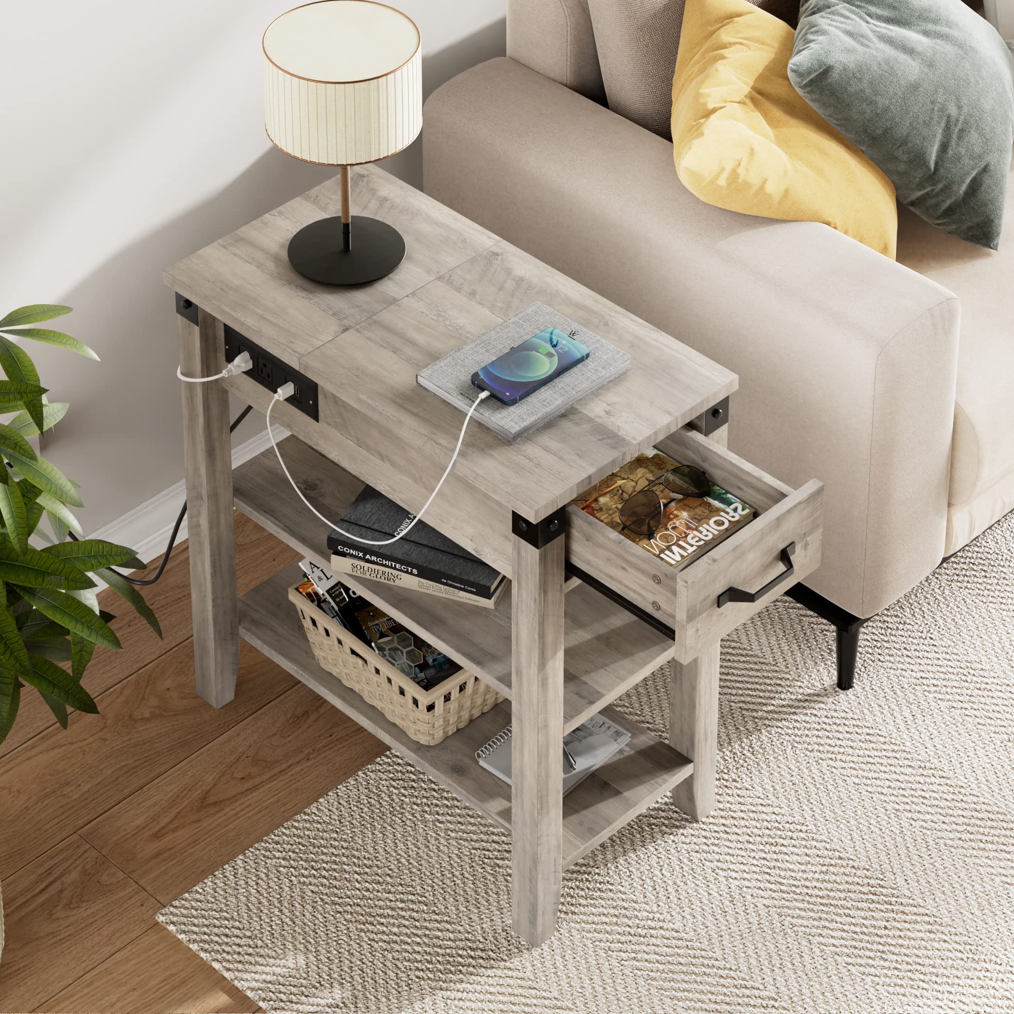 IDEALHOUSE End Table with USB Ports and Outlets, Flip Top Side Table Narrow Bedside Table with Drawer and Storage Shelves for Living Room, Rustic Grey