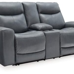 Signature Design by Ashley Mindanao Modern Leather Match Upholstered Power Reclining Loveseat with Console, USB Ports and Cup Holders, Gray