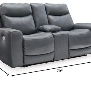 Signature Design by Ashley Mindanao Modern Leather Match Upholstered Power Reclining Loveseat with Console, USB Ports and Cup Holders, Gray