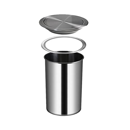 Outdoor Trash Can Countertop Built-in Trash Can with Balance Flap Cover, Cabinet Trash Can with Swing Lid, Stainless Steel Round Metal Kitchen Hidden Garbage Can Small Waste Chute Lid