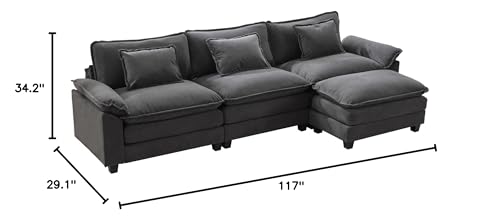 IPKIG 117" Sectional Sofa, Velvet L-Shaped Couch Comfy Upholstered 3-Seat Sofa with Ottoman, 3 Lumbar Pillow, Deep Seat Modular Oversized Couch for Living Room, Apartment, Studio (Grey, 4-Seat)