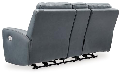 Signature Design by Ashley Mindanao Modern Leather Match Upholstered Power Reclining Loveseat with Console, USB Ports and Cup Holders, Gray