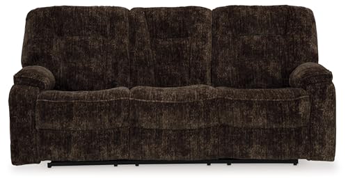 Signature Design by Ashley Soundwave Contemporary Manual Reclining Sofa with Drop Down Table, USB Ports and Cup Holders, Dark Brown