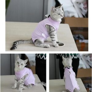 Yoolhamy Cat Recovery Suit for Post After Surgery, Elizabethan Collar & Cone Alternative, Anti-Licking Wound for Abdominal Wounds or Skin Diseases Kitten Bodysuit (Purple, L)