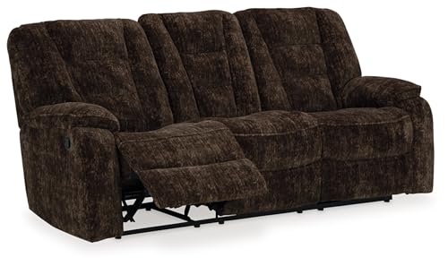 Signature Design by Ashley Soundwave Contemporary Manual Reclining Sofa with Drop Down Table, USB Ports and Cup Holders, Dark Brown