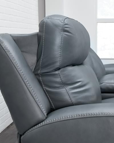 Signature Design by Ashley Mindanao Modern Leather Match Upholstered Power Reclining Loveseat with Console, USB Ports and Cup Holders, Gray