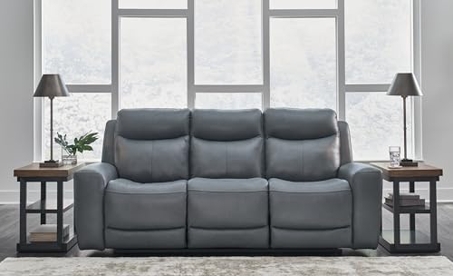 Signature Design by Ashley Mindanao Contemporary Leather Match Upholstered Power Reclining Sofa with Adjustable Headrest and USB Ports, Gray