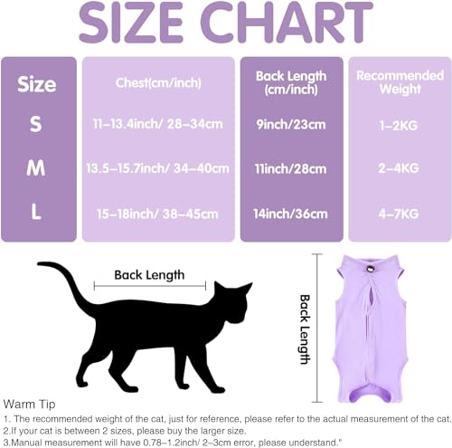 Yoolhamy Cat Recovery Suit for Post After Surgery, Elizabethan Collar & Cone Alternative, Anti-Licking Wound for Abdominal Wounds or Skin Diseases Kitten Bodysuit (Purple, L)