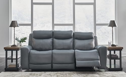 Signature Design by Ashley Mindanao Contemporary Leather Match Upholstered Power Reclining Sofa with Adjustable Headrest and USB Ports, Gray