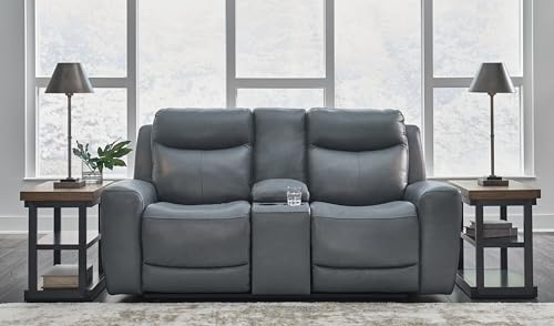 Signature Design by Ashley Mindanao Modern Leather Match Upholstered Power Reclining Loveseat with Console, USB Ports and Cup Holders, Gray