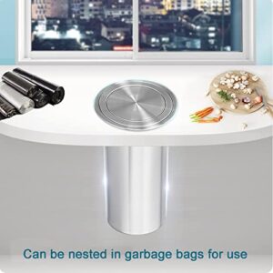 Outdoor Trash Can Countertop Built-in Trash Can with Balance Flap Cover, Cabinet Trash Can with Swing Lid, Stainless Steel Round Metal Kitchen Hidden Garbage Can Small Waste Chute Lid