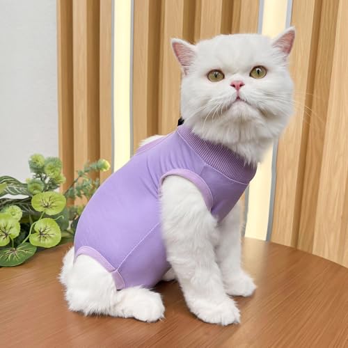 Yoolhamy Cat Recovery Suit for Post After Surgery, Elizabethan Collar & Cone Alternative, Anti-Licking Wound for Abdominal Wounds or Skin Diseases Kitten Bodysuit (Purple, L)