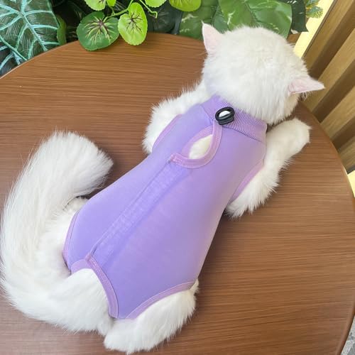 Yoolhamy Cat Recovery Suit for Post After Surgery, Elizabethan Collar & Cone Alternative, Anti-Licking Wound for Abdominal Wounds or Skin Diseases Kitten Bodysuit (Purple, L)