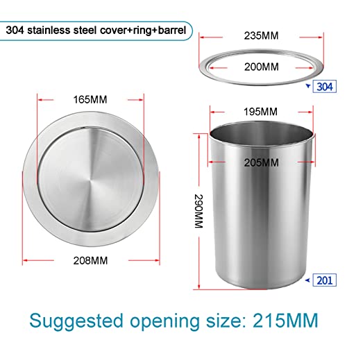 Outdoor Trash Can Countertop Built-in Trash Can with Balance Flap Cover, Cabinet Trash Can with Swing Lid, Stainless Steel Round Metal Kitchen Hidden Garbage Can Small Waste Chute Lid