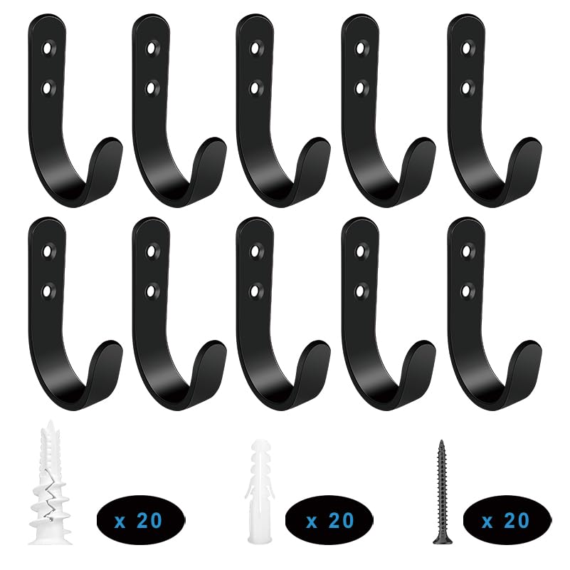 JUGEFORNI Metal Coat Hooks for Wall, Coat Hooks for Hanging, Heavy Duty Wall Mounted Hook with Screw, 10pcs Black Hooks for Hanging Coats, Towel, Backpack, Key, Bag, Coffee Cup