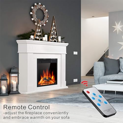 44" Electric Fireplace with Mantel Package Freestanding Fireplace Heater Corner Firebox with Log & Remote Control,750-1500W,Pearl White