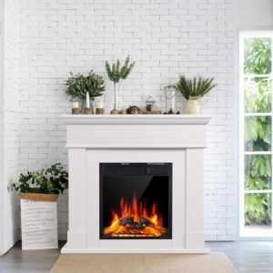 44" Electric Fireplace with Mantel Package Freestanding Fireplace Heater Corner Firebox with Log & Remote Control,750-1500W,Pearl White