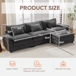 IPKIG 117" Sectional Sofa, Velvet L-Shaped Couch Comfy Upholstered 3-Seat Sofa with Ottoman, 3 Lumbar Pillow, Deep Seat Modular Oversized Couch for Living Room, Apartment, Studio (Grey, 4-Seat)