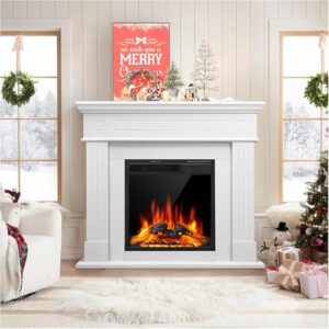 44" Electric Fireplace with Mantel Package Freestanding Fireplace Heater Corner Firebox with Log & Remote Control,750-1500W,Pearl White