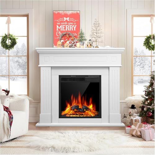 44" Electric Fireplace with Mantel Package Freestanding Fireplace Heater Corner Firebox with Log & Remote Control,750-1500W,Pearl White