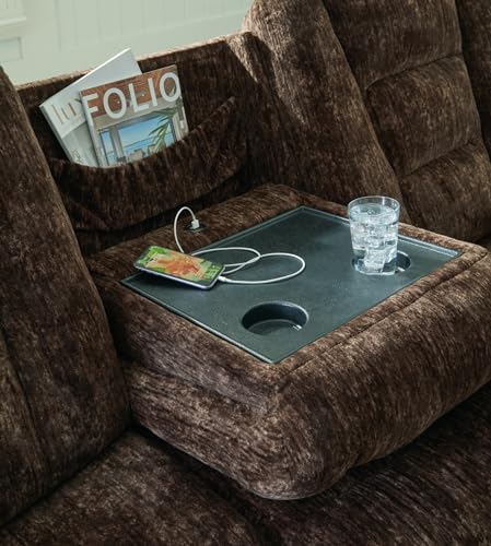 Signature Design by Ashley Soundwave Contemporary Manual Reclining Sofa with Drop Down Table, USB Ports and Cup Holders, Dark Brown