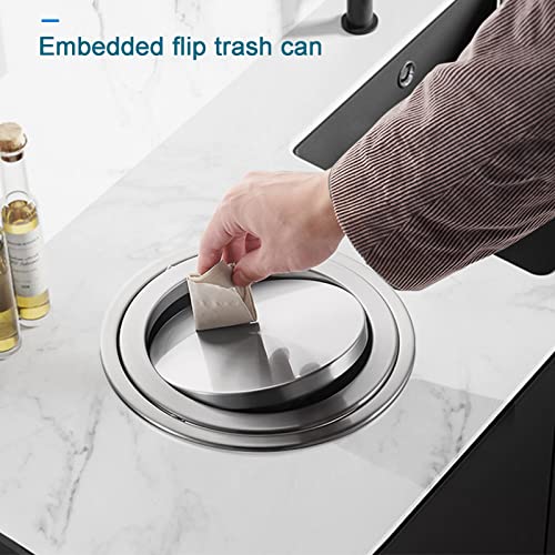 Outdoor Trash Can Countertop Built-in Trash Can with Balance Flap Cover, Cabinet Trash Can with Swing Lid, Stainless Steel Round Metal Kitchen Hidden Garbage Can Small Waste Chute Lid