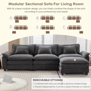 IPKIG 117" Sectional Sofa, Velvet L-Shaped Couch Comfy Upholstered 3-Seat Sofa with Ottoman, 3 Lumbar Pillow, Deep Seat Modular Oversized Couch for Living Room, Apartment, Studio (Grey, 4-Seat)