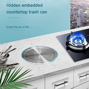 Outdoor Trash Can Countertop Built-in Trash Can with Balance Flap Cover, Cabinet Trash Can with Swing Lid, Stainless Steel Round Metal Kitchen Hidden Garbage Can Small Waste Chute Lid