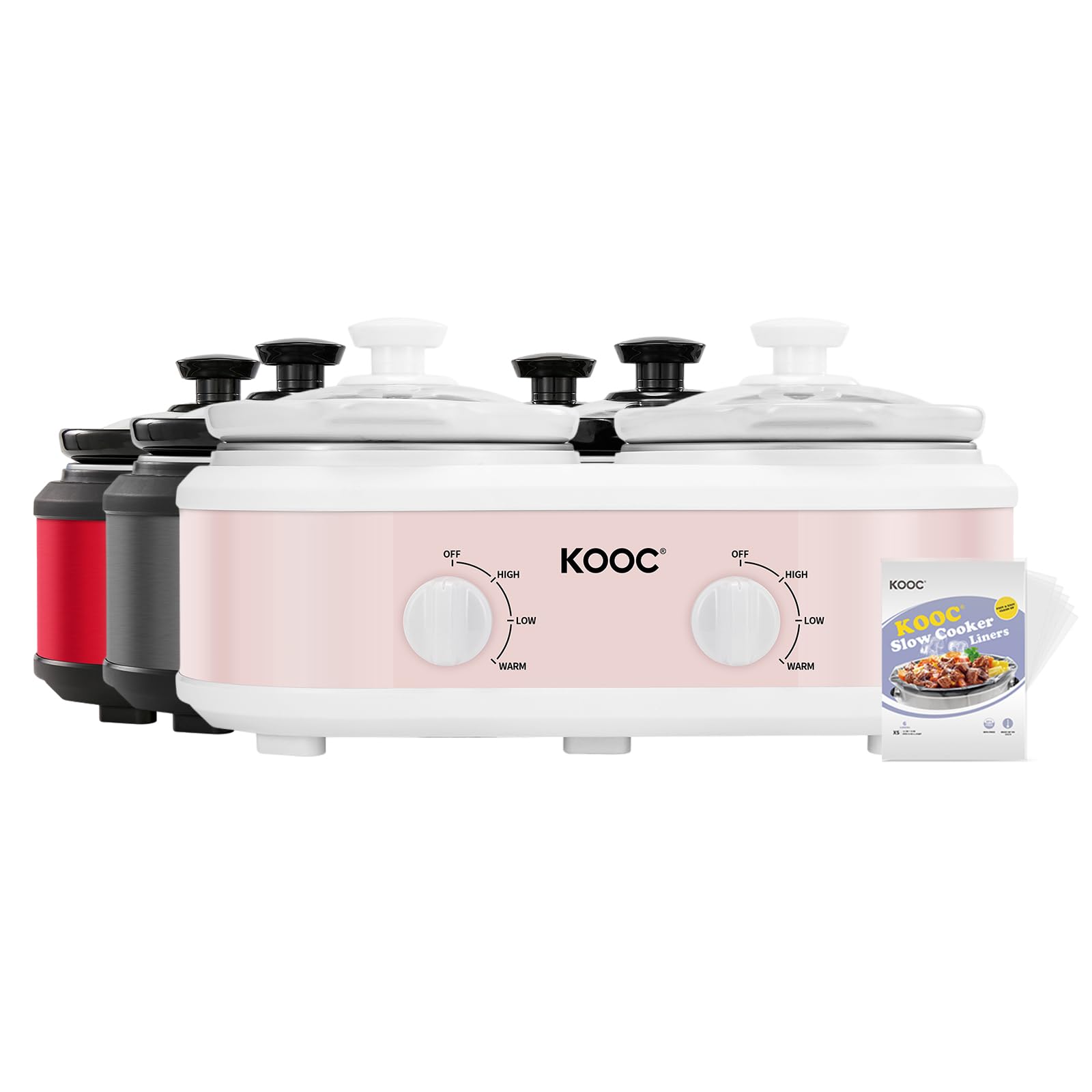 KOOC Double Small Slow Cooker, Buffet Server and Warmer, 2 Mini Pots with 3 Individual Adjustable Temp, Dual Ceramic Pots, Free Liners for Easy Clean-up, Stainless Steel, Total 2.5 Quart, Pink, Round