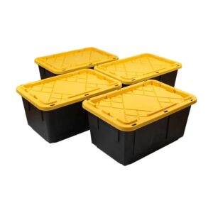 teidea 27gal/108qt 4 pack large heavy-duty stackable storage plastic bin tote container with quick snap lid - storage tote with handles/snap lid, 30-1/10" x 20-1/4" x 14-3/4", black/yellow